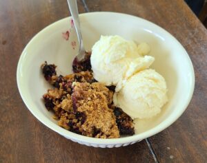 Berry crisp in a white bowl with ice cream.