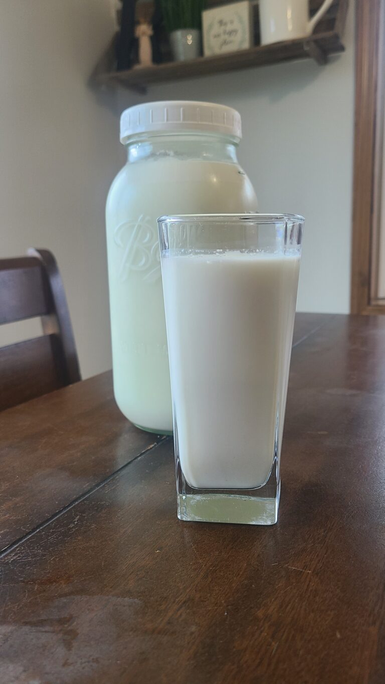A Mason jar of milk and a glass of milk sitting on a table