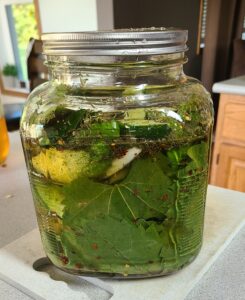 A jar of homemade pickles lined with grape leaves