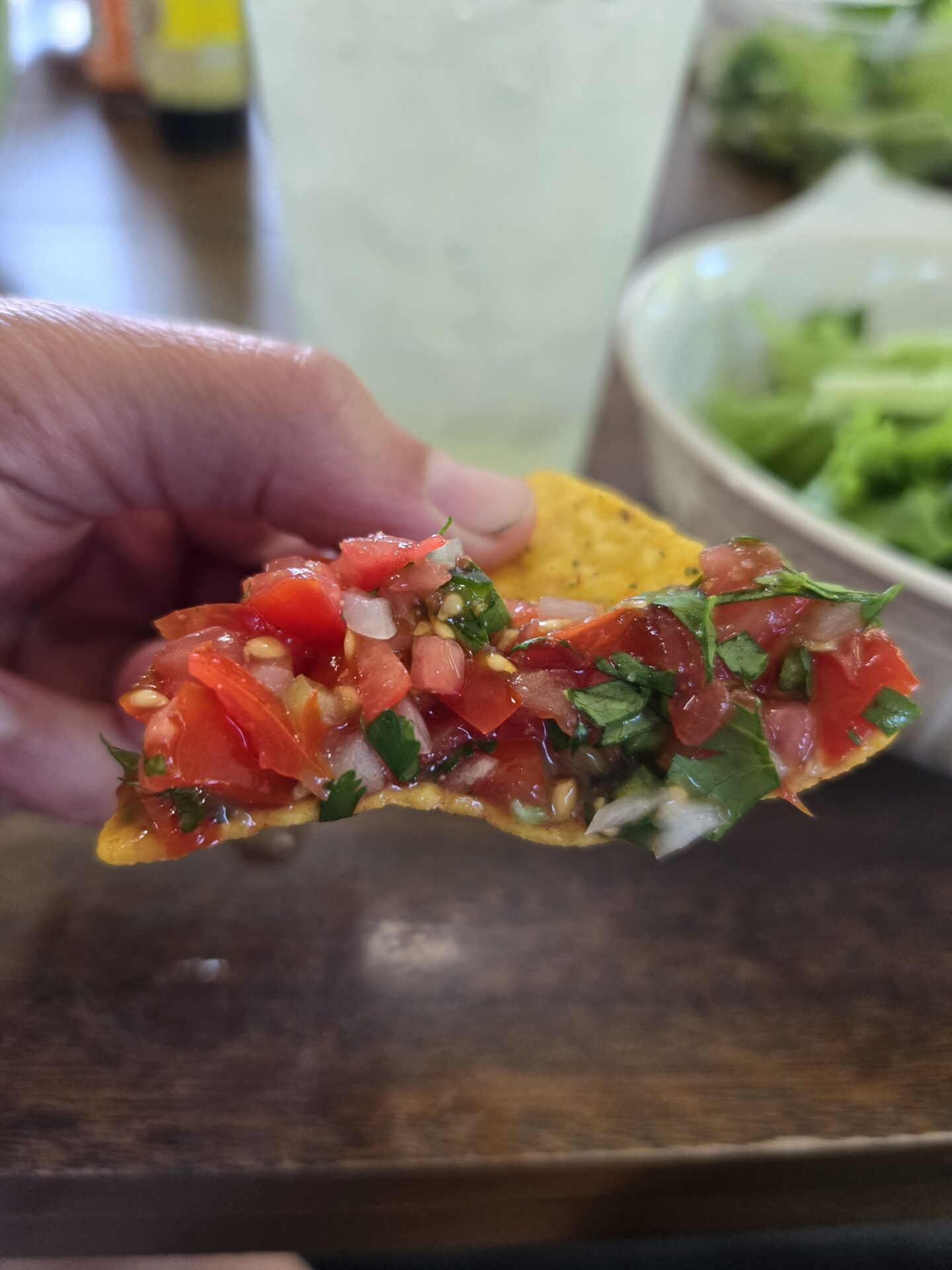 Homemade salsa on a tortilla chip.