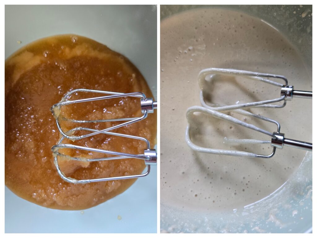 Left side: crystallized honey in a bowl with beaters. Right side: whipped honey in a bowl with beaters