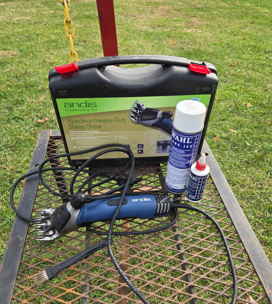 Wool shearing clippers and other equipment needed for shearing an Angora goat
