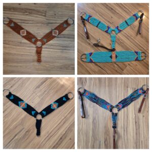 Four hand-woven mohair breast collars in a collage.