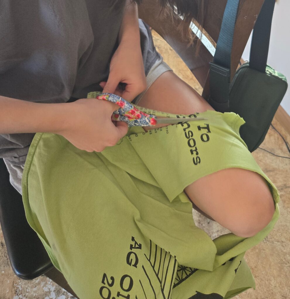 Cutting an old t-shirt into strands for a dog toy,
