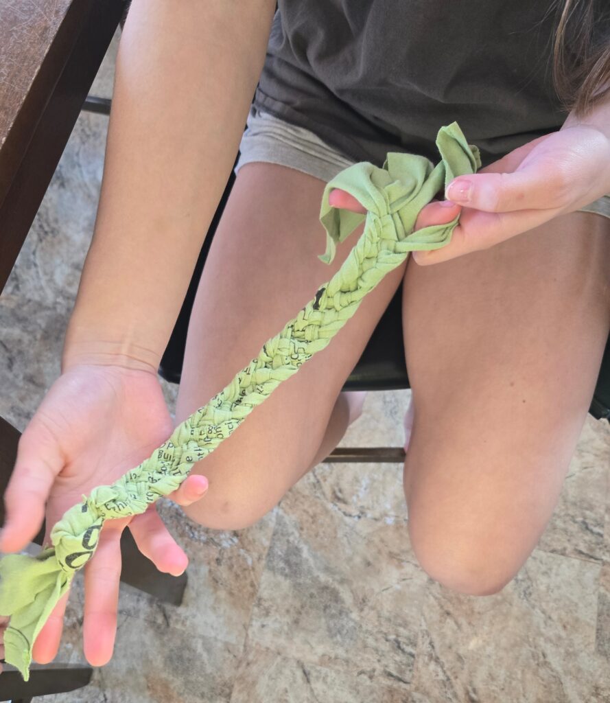 Braided DIY dog toy ready to be tied off.