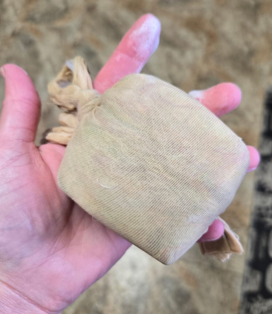 Fiber wrapped soap in a nylon stocking.