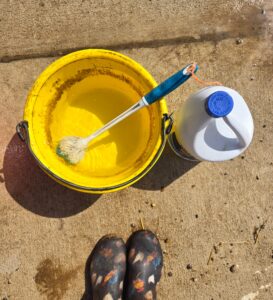 Yellow bucket with bleach and a toilet brush and rubber boots.