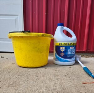 A dirty bucket, bleach, and a toilet brush sitting in front of a barn.