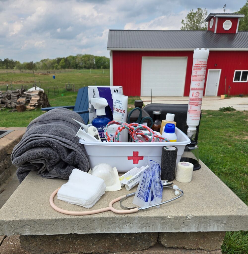 Goat emergency kit with supplies sitting in front of a barn.