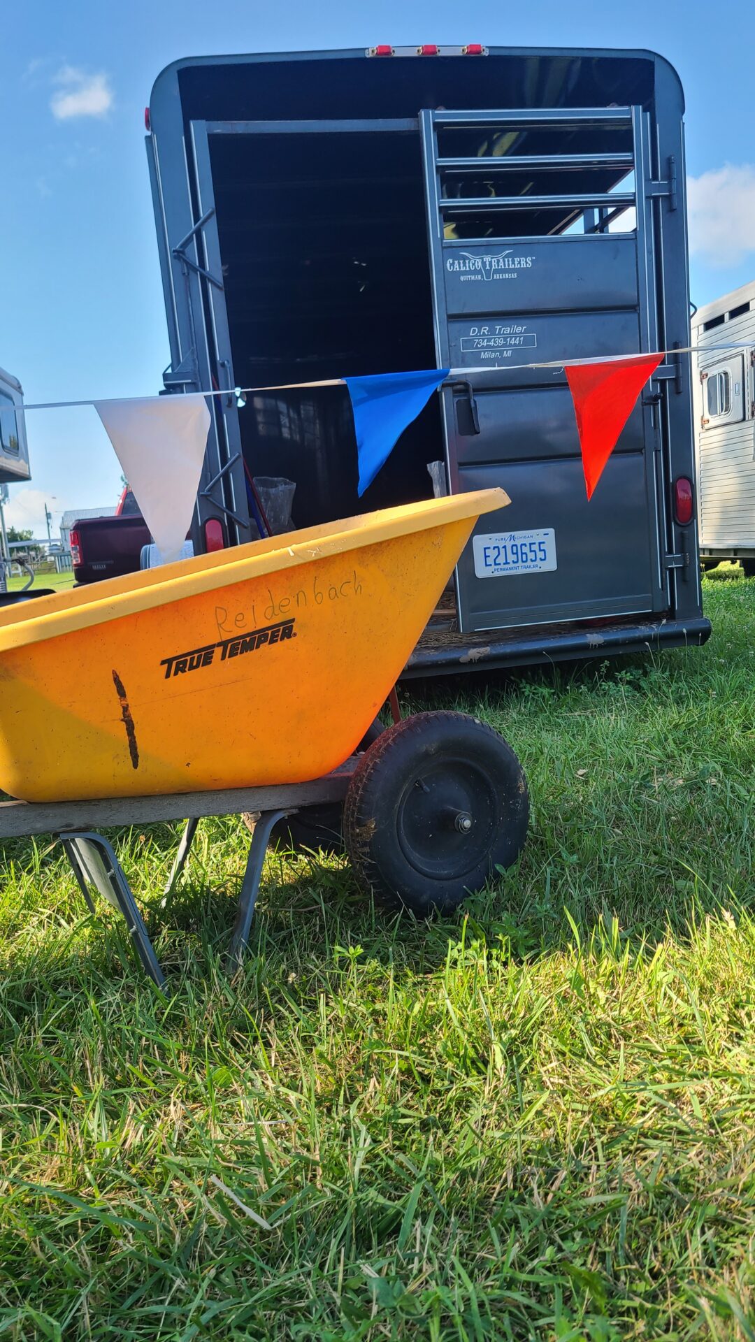 Blue livestock trailer with a yellow wheelbarrow in front of it.