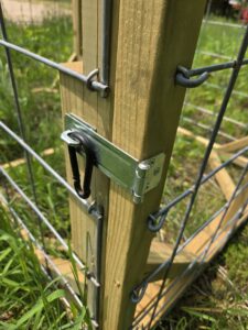 Swivel staple safety hasp with carabiner clip in place to close door.