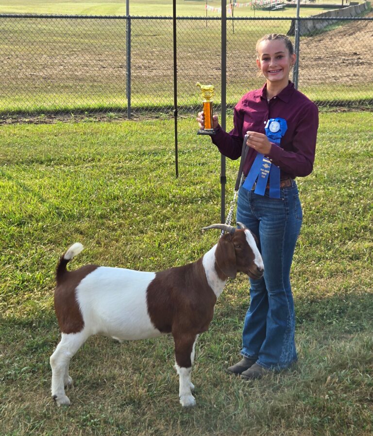 Girl with a goat holding a blue ribbon and trophy