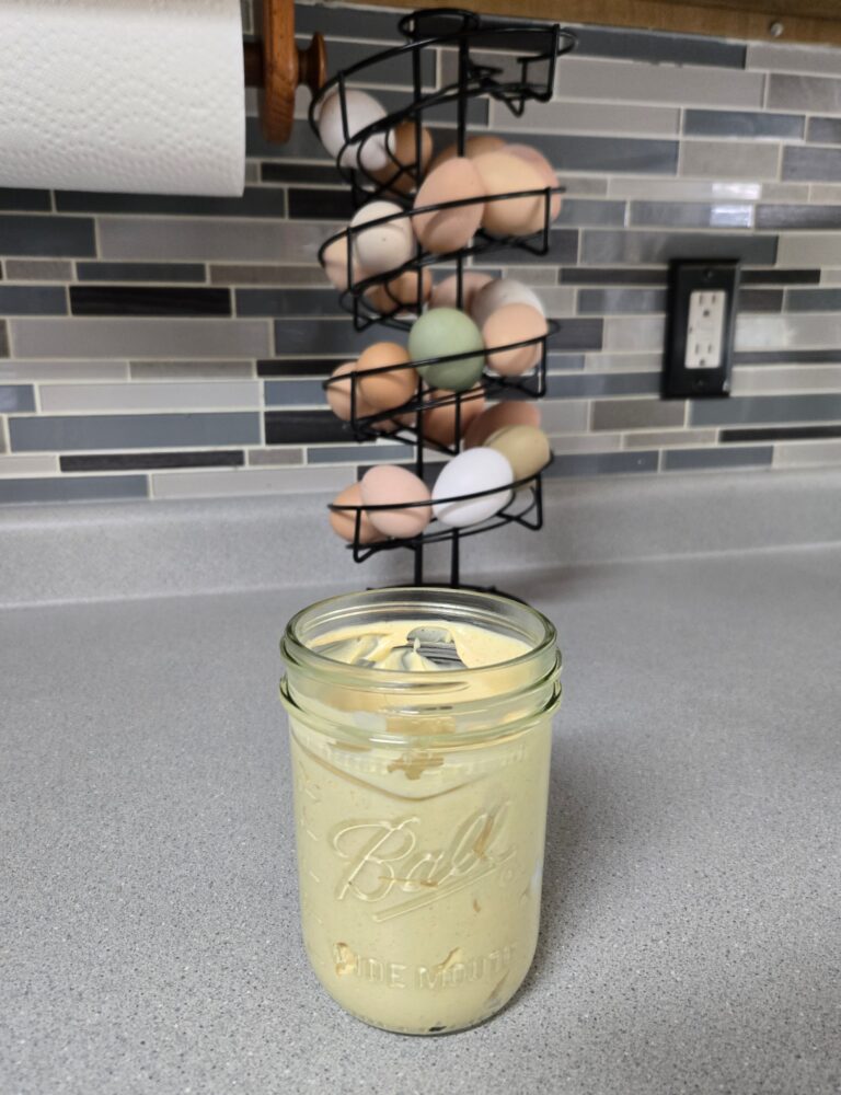 A carousel of eggs with a jar of homemade mayonnaise.