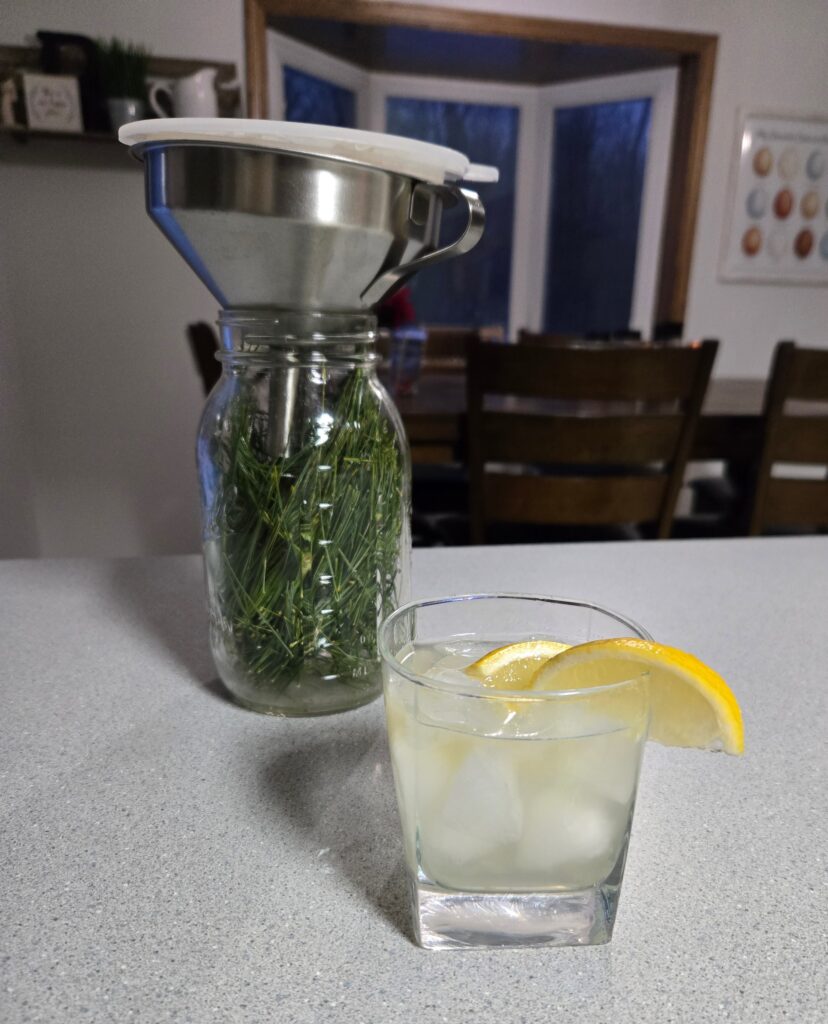 A glass of white pine soda with lemon
