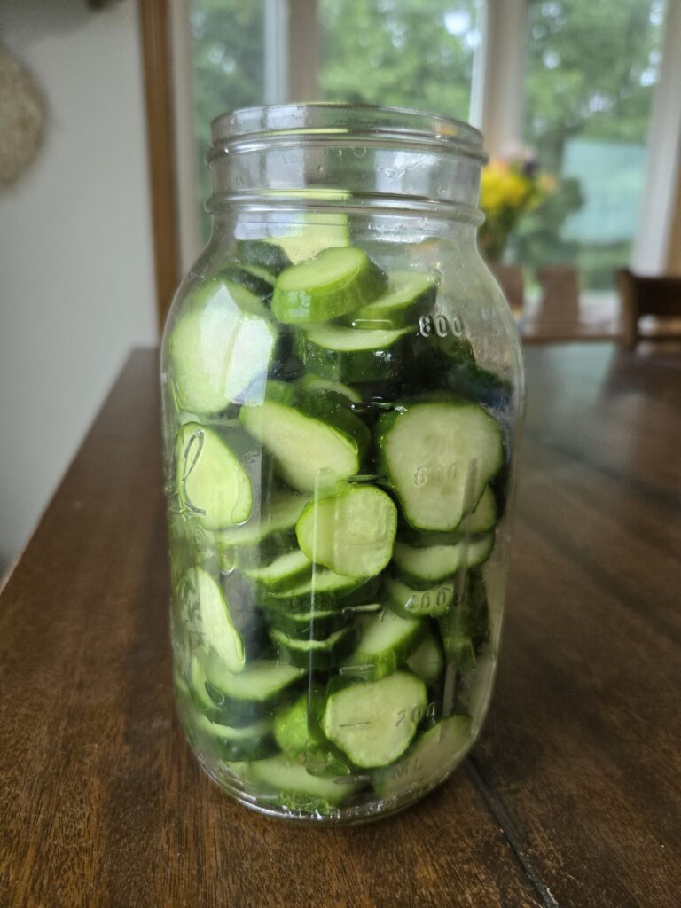 Sliced pickling cucumbers in a Mason jar.