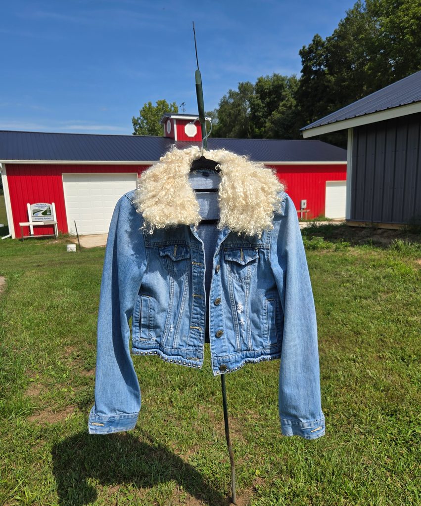 Removable felted fleece collar on a denim jacket.